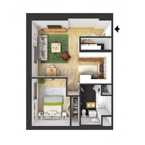 Floor plan for 1 bed, 1 bath, 750 sqft